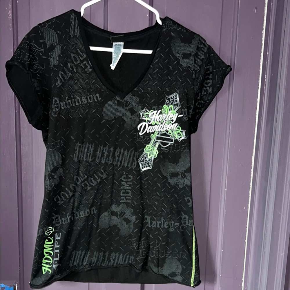 Harley-Davidson Black and Neon Green V-Neck Tee